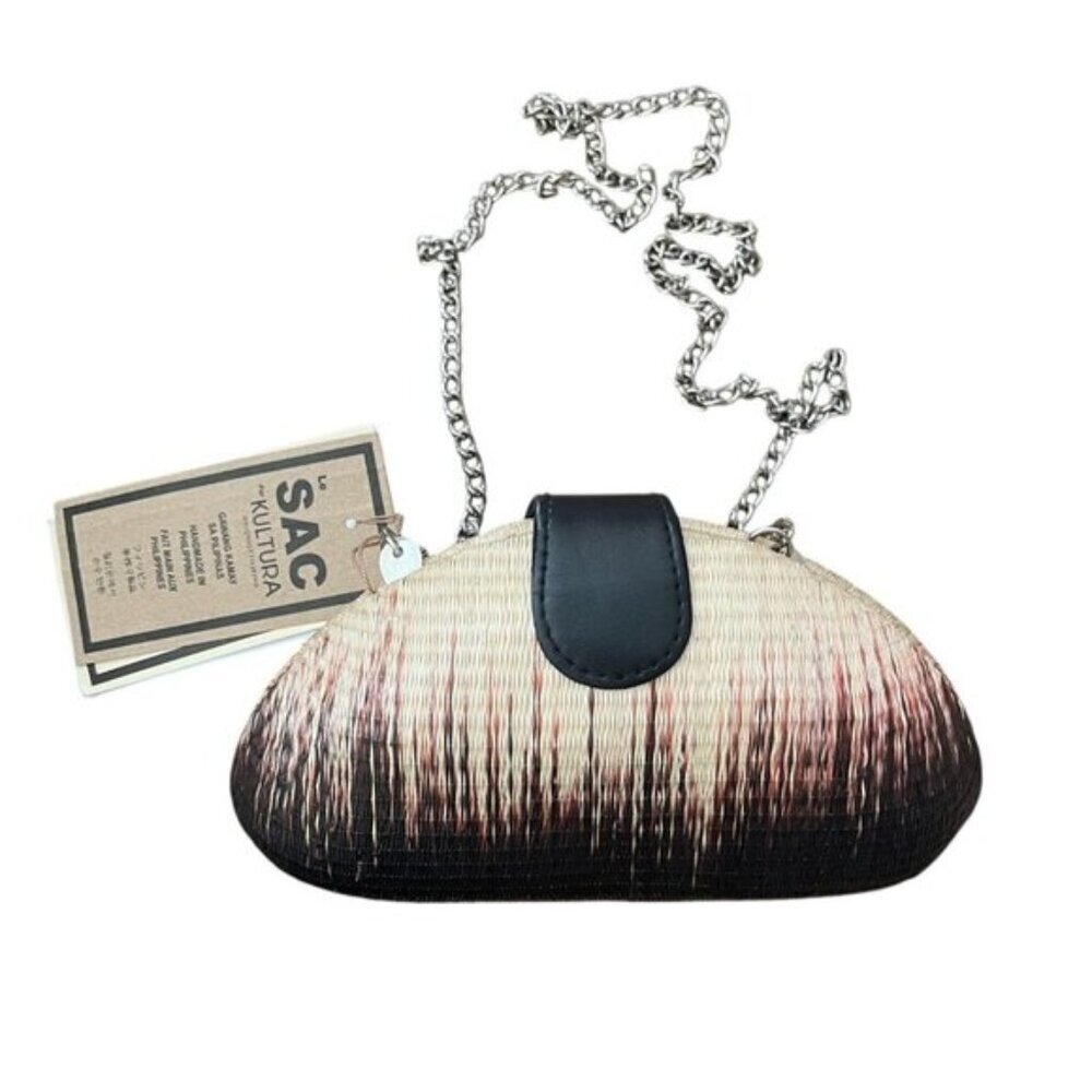 Le Sac For Kultura Small Woven Natural Fibre Hard Case Purse Silver Chain Strap